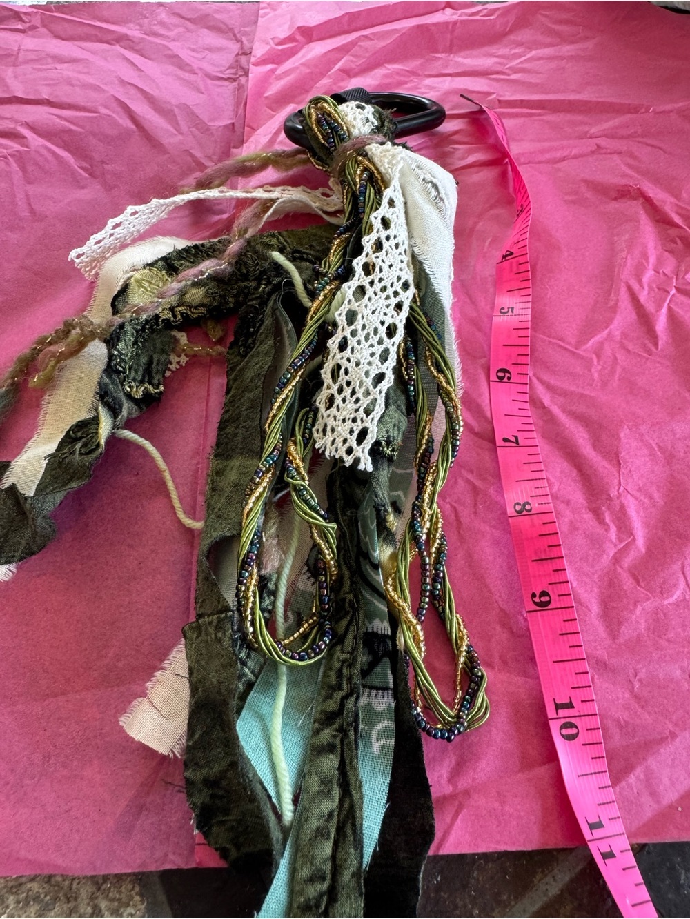 Boho Mixed Textile Tassel Keychain - Olive Green & White